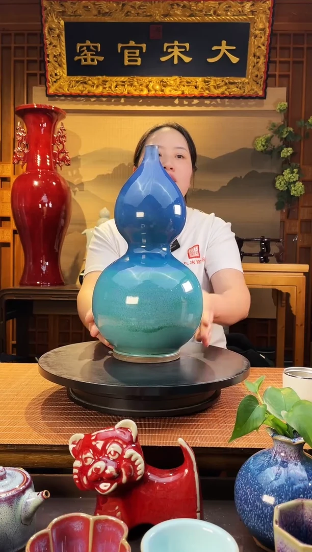 摆件大宋官窑【古法柴烧葫芦瓶】只此青绿