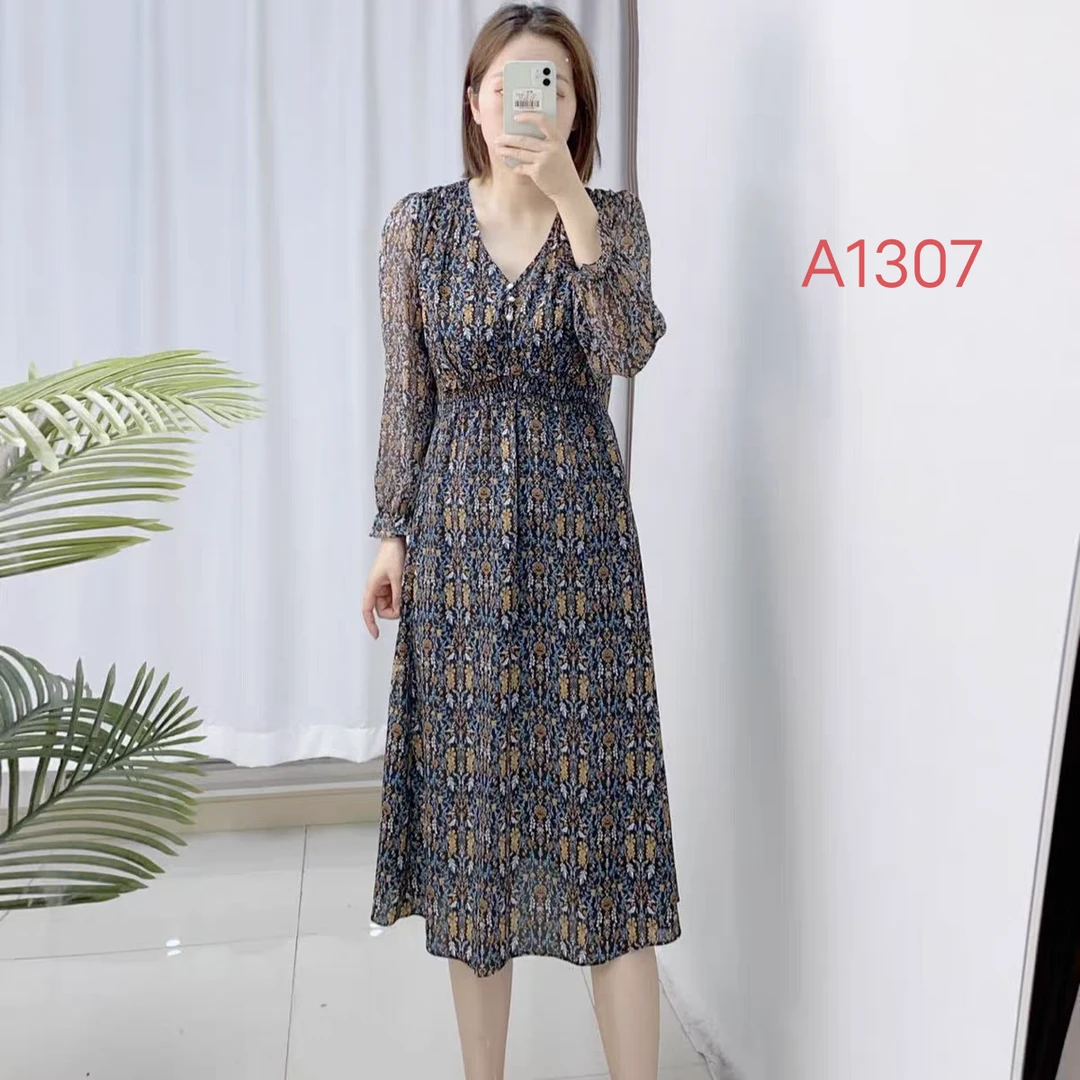A1307法式田园风风连衣裙中长款长裙收腰时尚女装长袖裙子气质