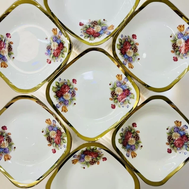 新疆包邮【10个玫瑰花园方盘】玫瑰花纹陶瓷方盘家用菜盘餐具