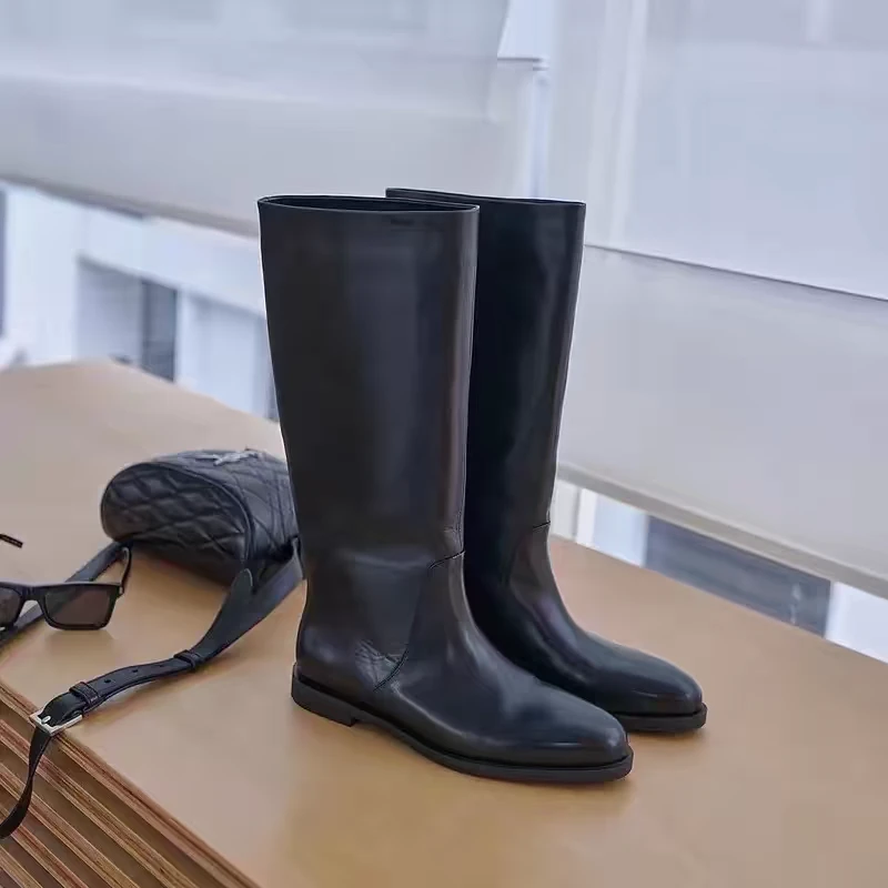 进口小牛皮长靴真皮秋冬平底显瘦骑士靴女中筒显瘦套筒靴高筒长靴