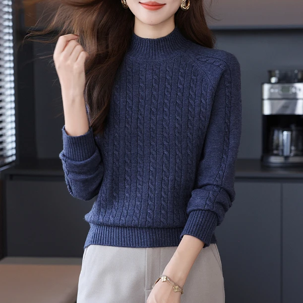 秋冬新款半高领保暖纯色麻花长袖毛衣洋气时尚宽松针织衫