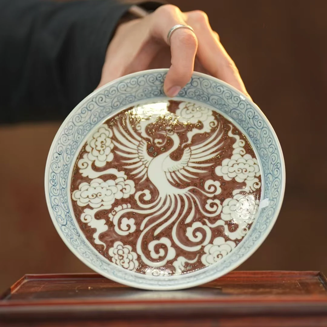 元邑丨陶瓷缠枝凤舞壶承直径18cm景德镇瓷器纯手工手绘茶杯茶具