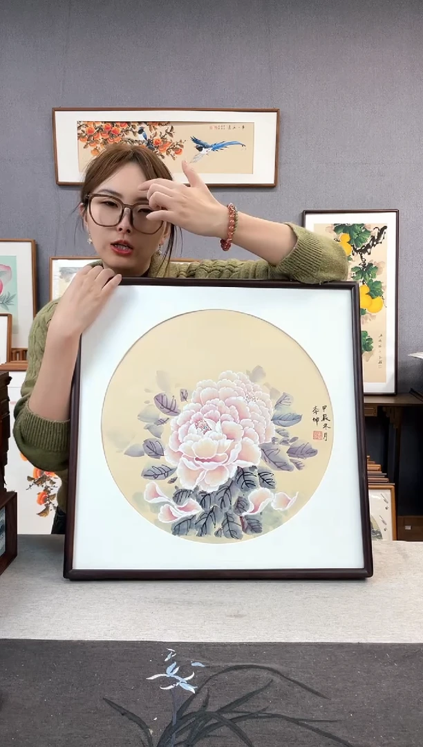 【闪购商品】国画李坤-手绘带框作品-53*53-牡丹