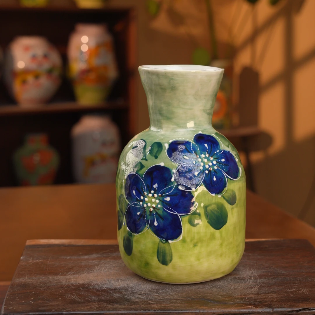 景德镇青绿插花装饰陶瓷立体设计师款青山黛渐变蓝宝石暖壶004