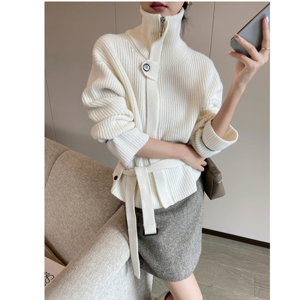 米白色高领拉链针织开衫女秋冬季2025新款加厚绑带软糯百搭毛衣女