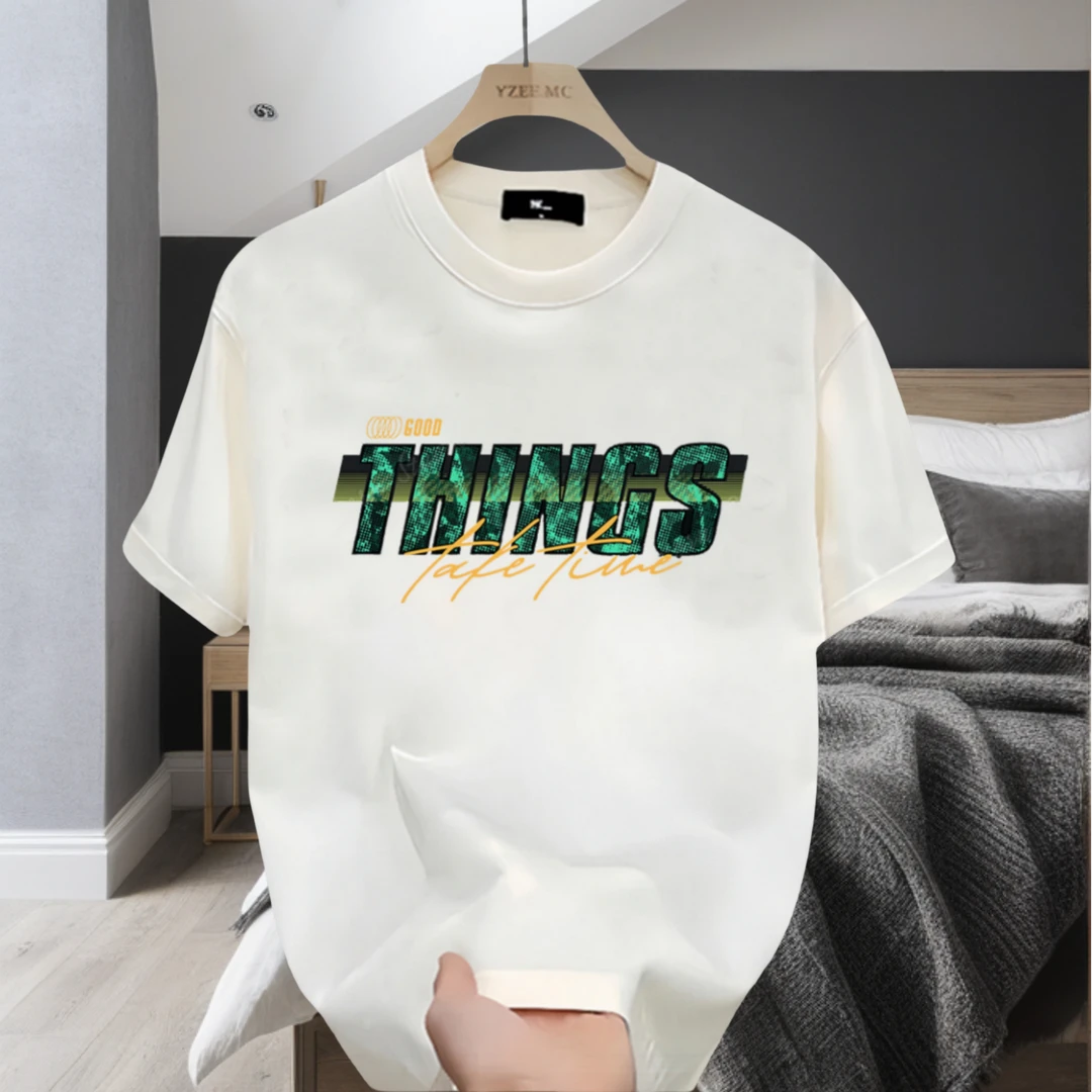 夏季2025新款爆款潮牌男士纯棉短袖T恤男款百搭圆领字母印花上衣