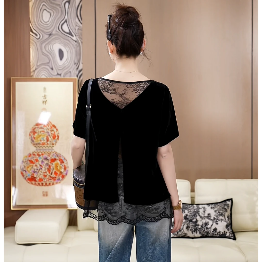 风情万种设计真丝丝绒后片拼接黑色显瘦圆领短袖夏季上衣