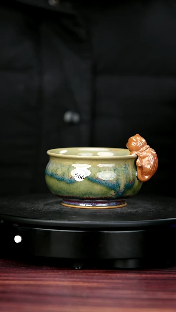 盖碗瓷566#李盼龙一级品原矿钧瓷猫咪杯