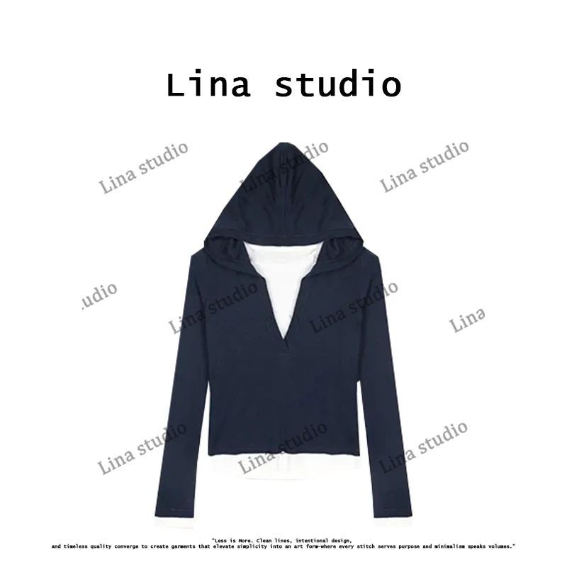 Lina studio“搭配神气” 2025新款时尚百搭假两件帽衫长袖T恤