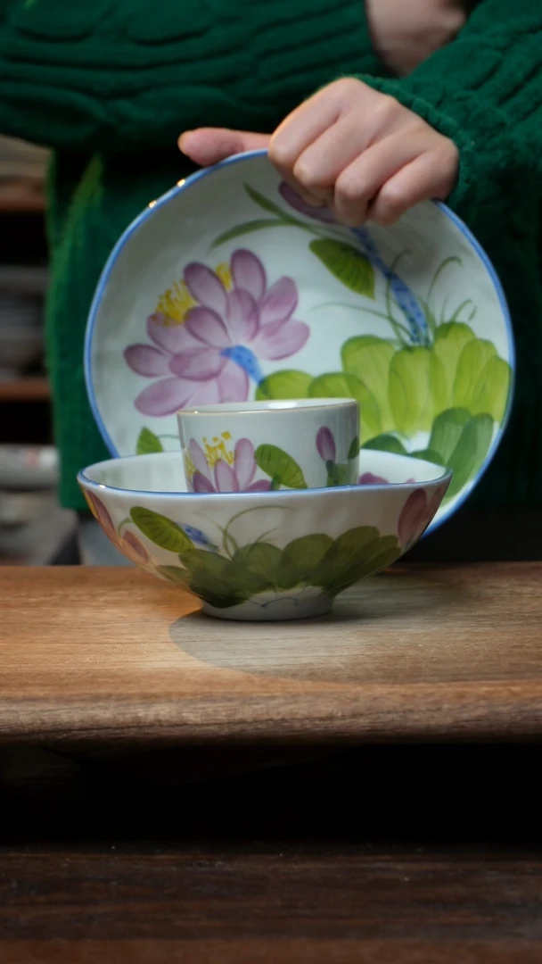 【闪购商品】瓷紫荷8寸盘，紫荷6.5寸+紫荷手握杯