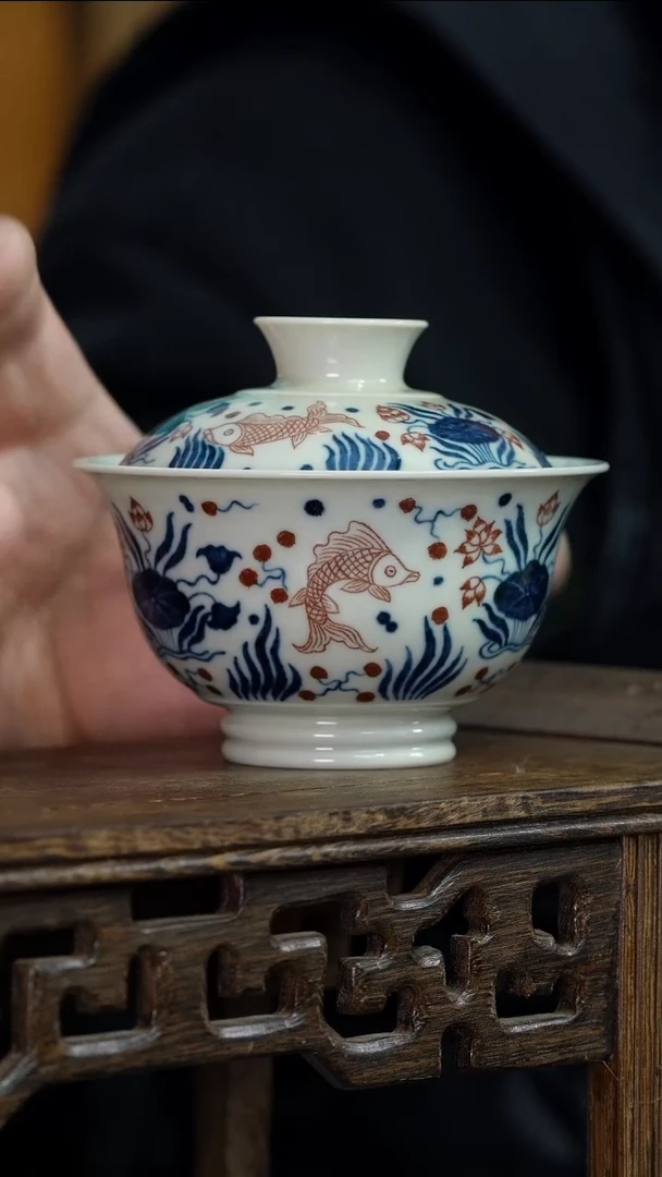 【闪购商品】碗微瑕樂静堂鱼藻釉里红150ml