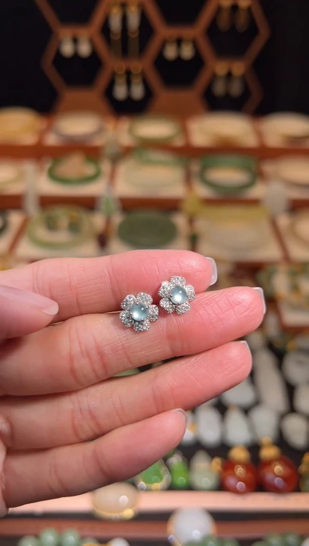 银S925镶嵌翡翠耳饰放漏