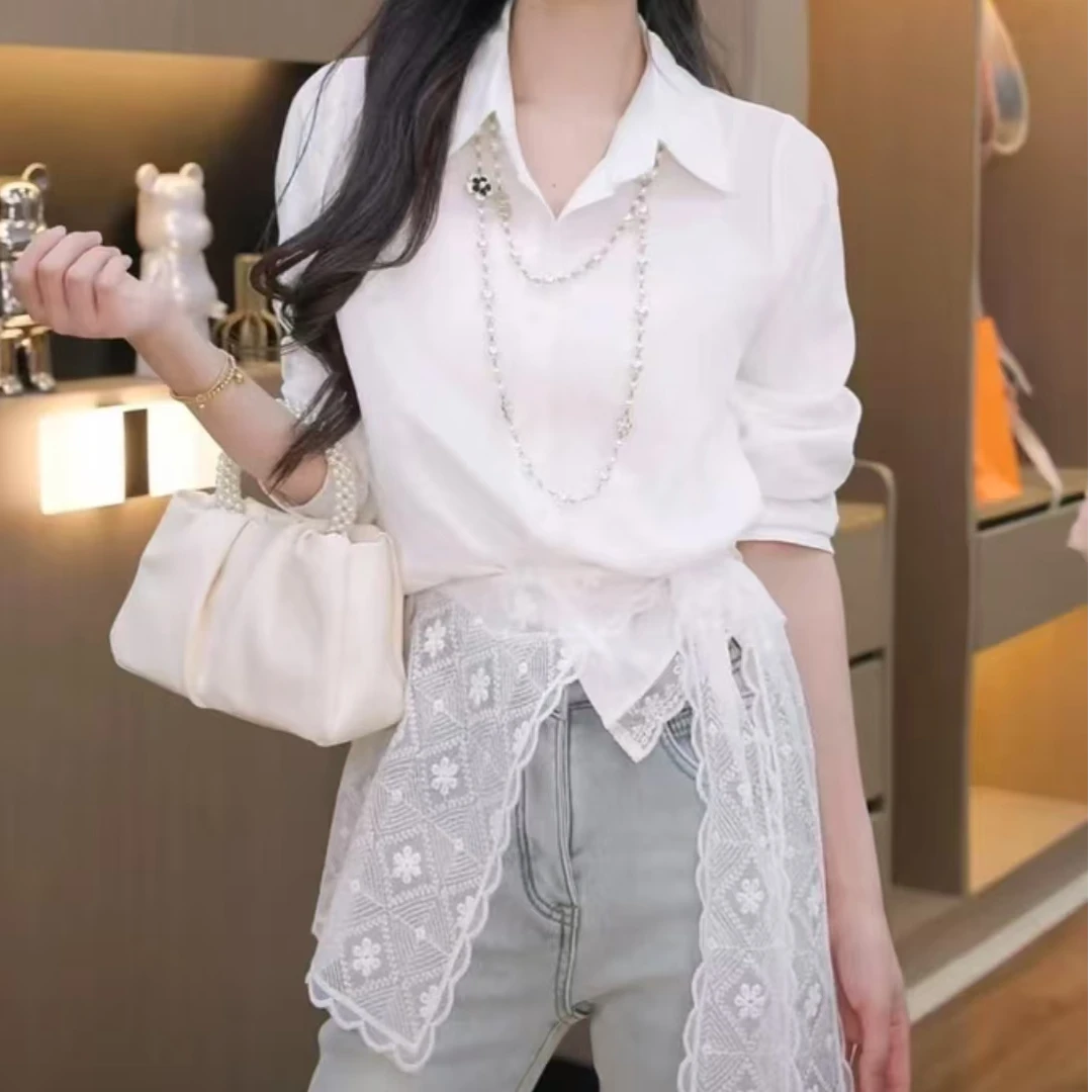 2025春季新款百搭蕾丝披肩搭配衬衣lucy5150白色时尚设计感衬衫