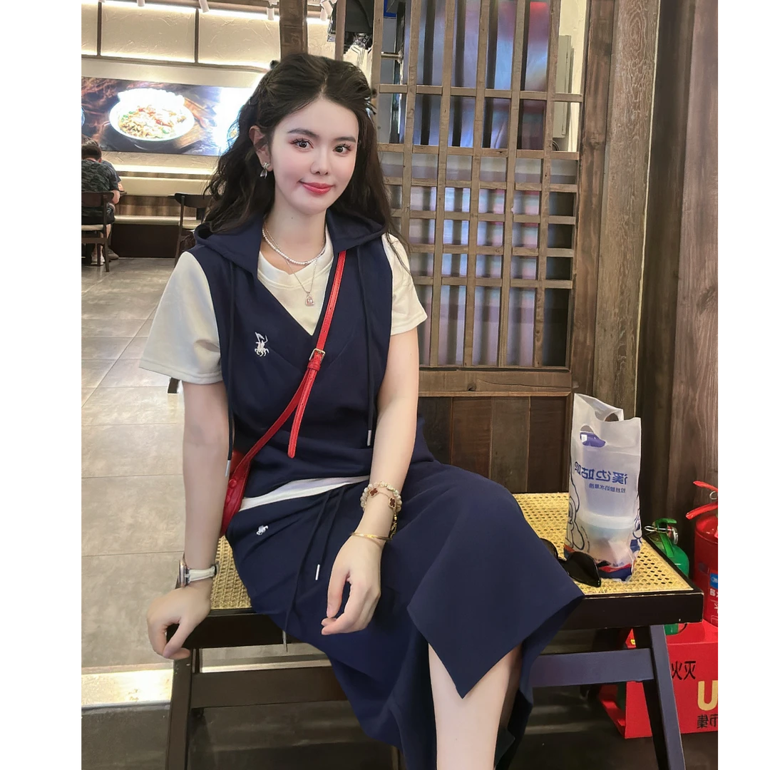 POLOGWON/保罗夏季原创减龄刺绣百搭时尚撞色假两件连帽套裙套装