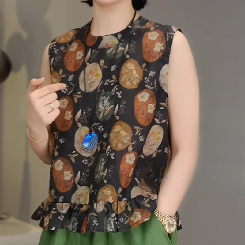 【花镜】2025夏季新中式复古印花拼接褶皱百搭下摆上衣LK2504479