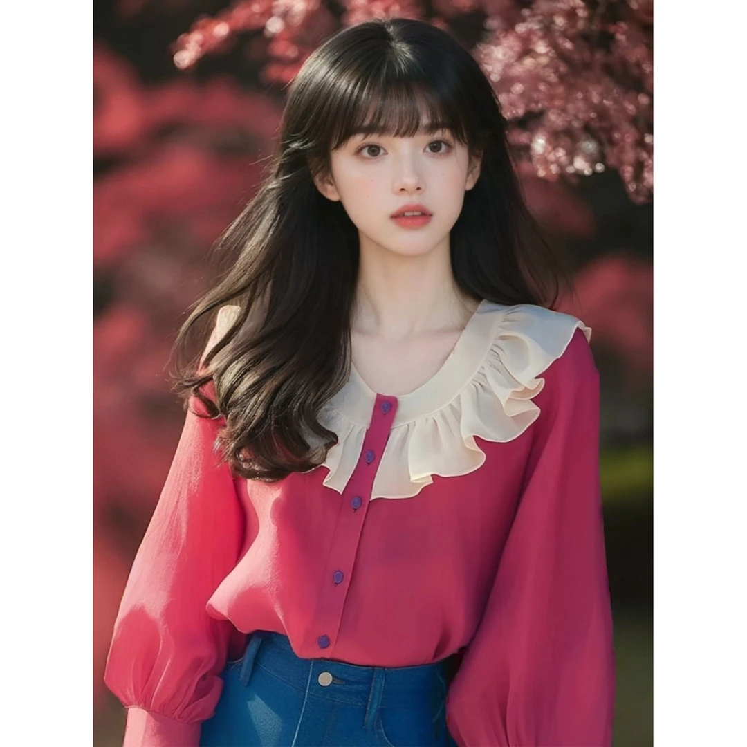 温柔风上衣女2024早秋新款法式独特减龄玫红色雪纺荷叶边衬衫