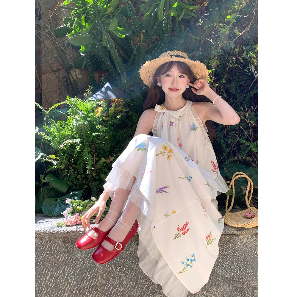 罐头士多所 新款少女感原创印花设计无袖蝴蝶结挂脖上衣半裙套装