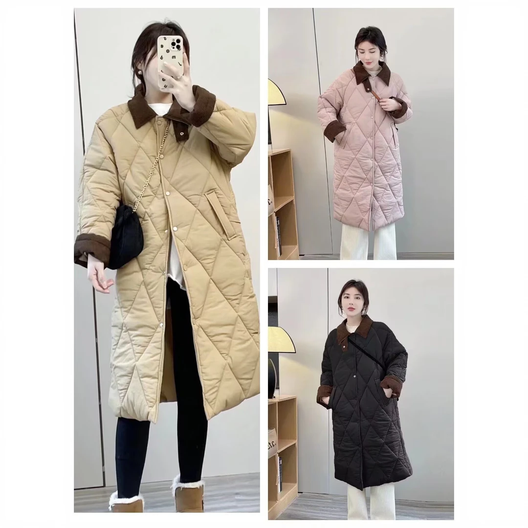 XG649撞色POLO领大菱格过膝棉衣大码女装长款保暖宽松棉服外套冬