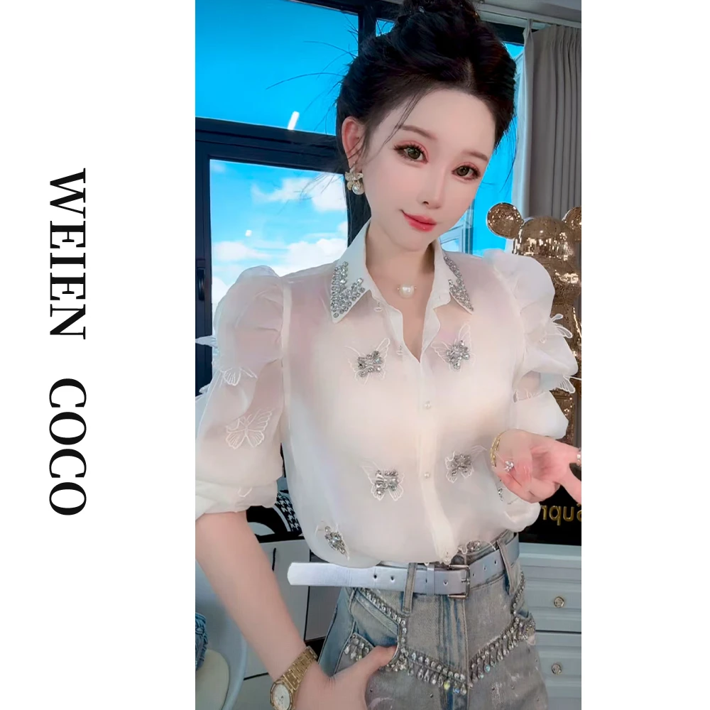 【薇恩COCO】重工镶钻舒适长袖透气镂空上衣显瘦时尚衬衣S4995