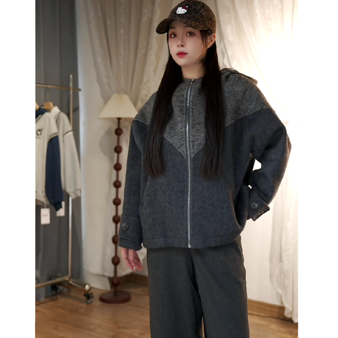 039款女毛呢外套通勤短款卡其女呢大衣秋冬短外套休闲开衫针织
