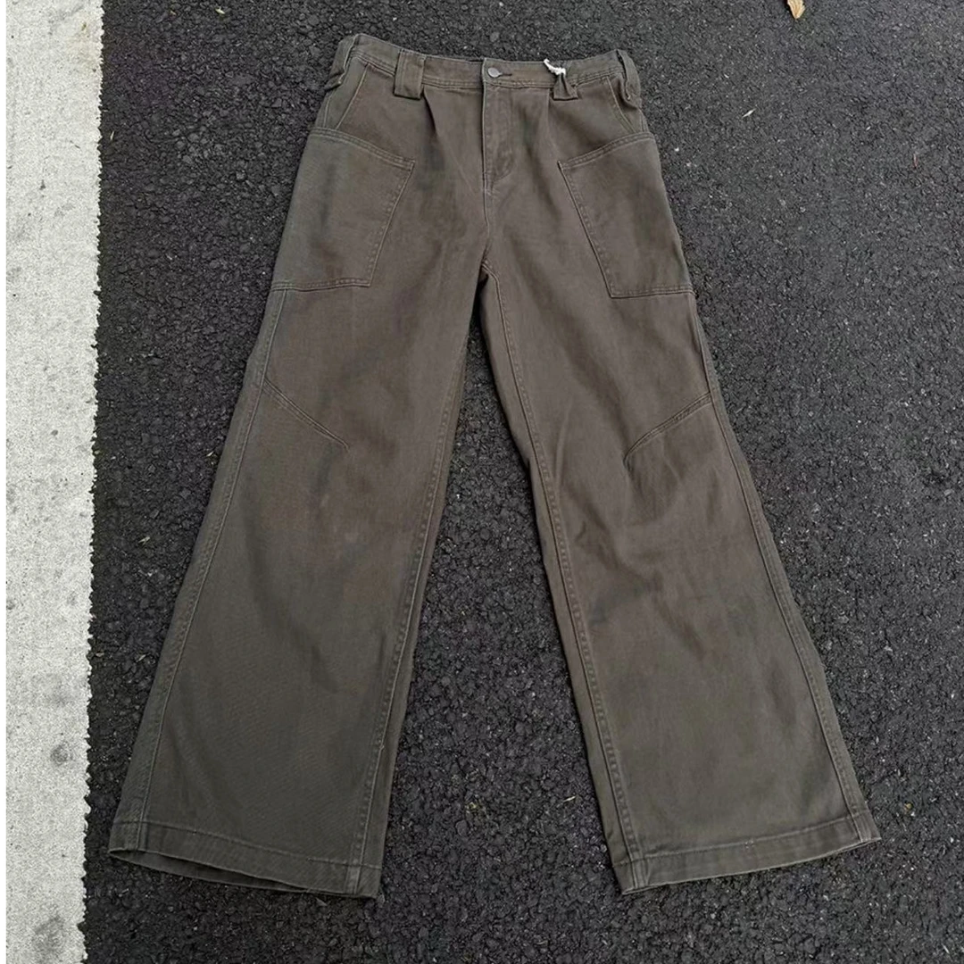 (懒猪）工装牛仔裤男女春季直筒美式咖色复古水洗裤子