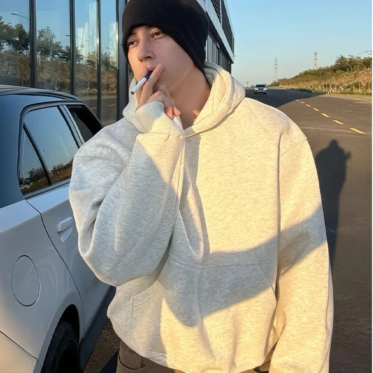 520g重磅加绒短款卫衣男秋冬潮牌硬挺连帽衫情侣美式cleanfit外套