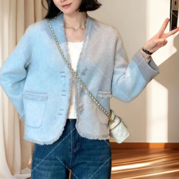 两面穿无领双面羊毛外套女 2025早春新款双面呢 气质收腰呢子大衣