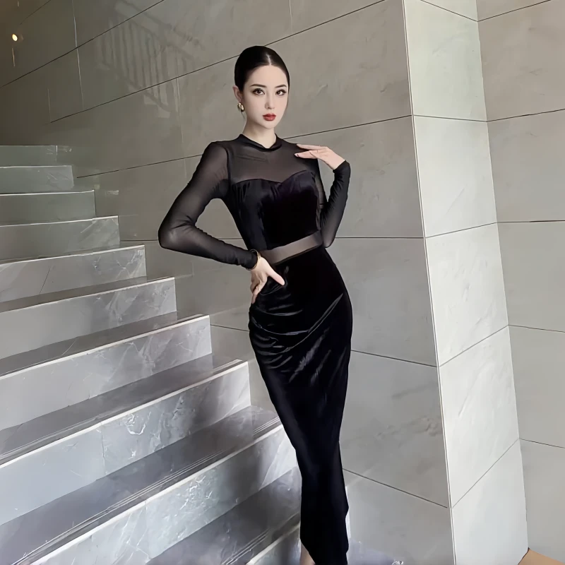 黑色网纱拼接长袖连衣裙修身显瘦纯欲收腰开叉包臀裙时尚长裙轻奢