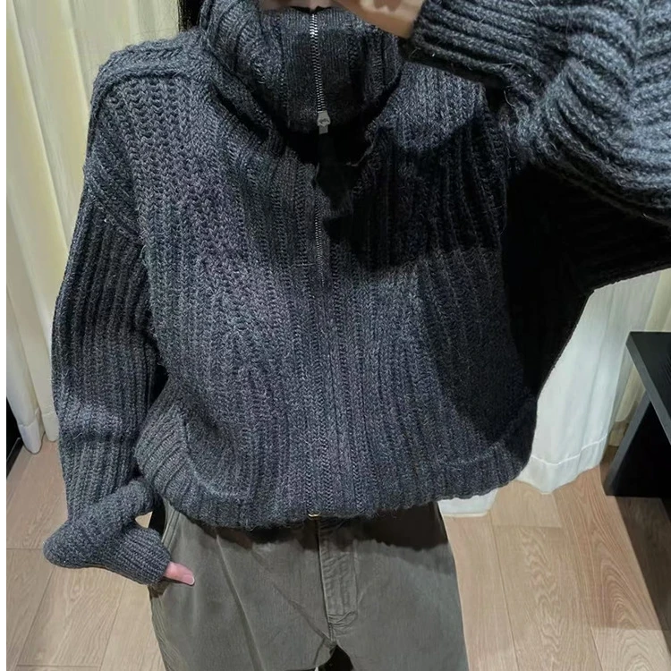 通勤灰色毛针织衫休闲衫女常规袖宽松型纯色开衫
