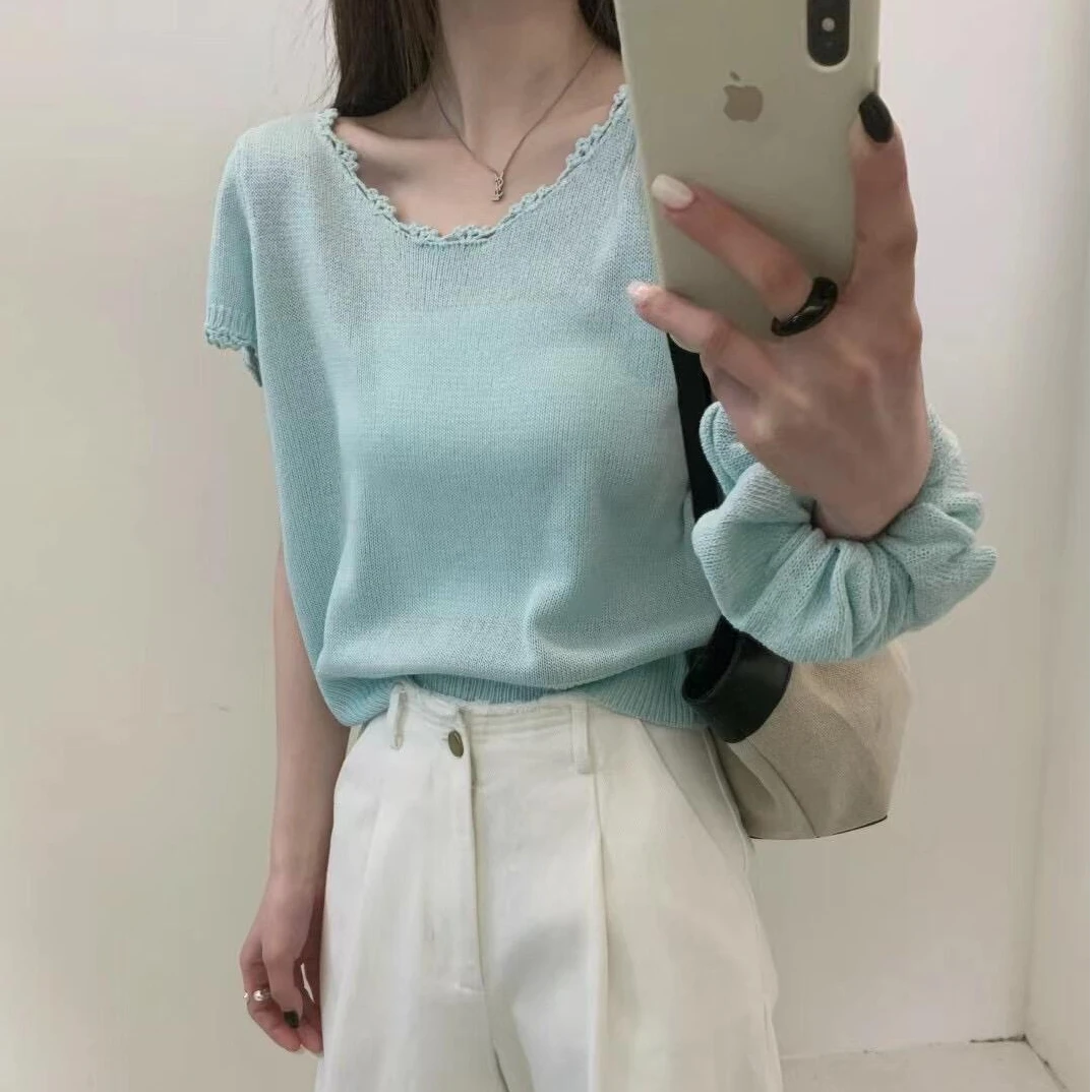 夏季新款时尚气质百搭超甜温柔气质短袖T恤针织套头小衫女配发圈
