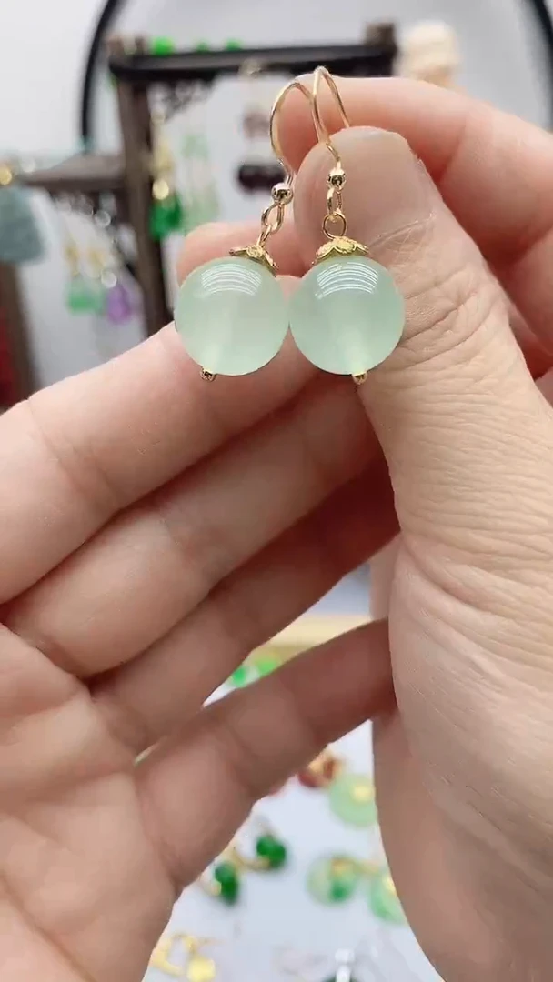 14K金镶嵌石英质玉（非洲翠）耳饰100