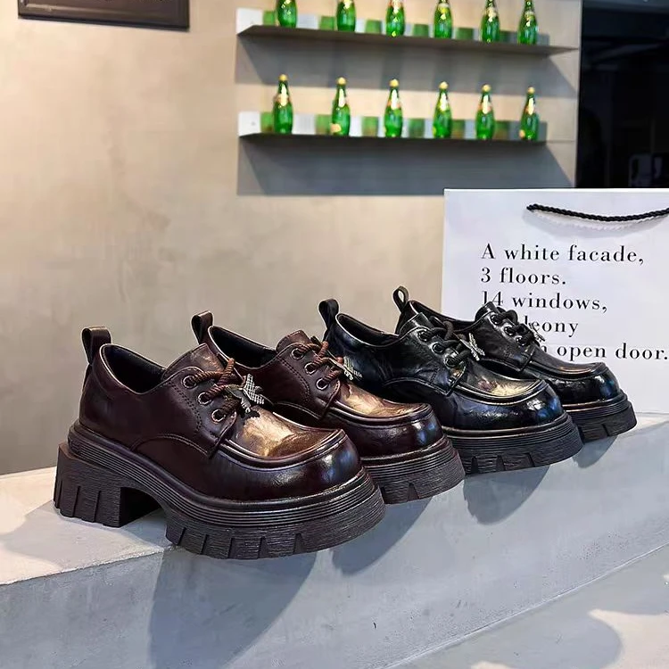 加绒厚底乐福鞋女新款法式时尚增高软底英伦风粗跟小皮鞋10028