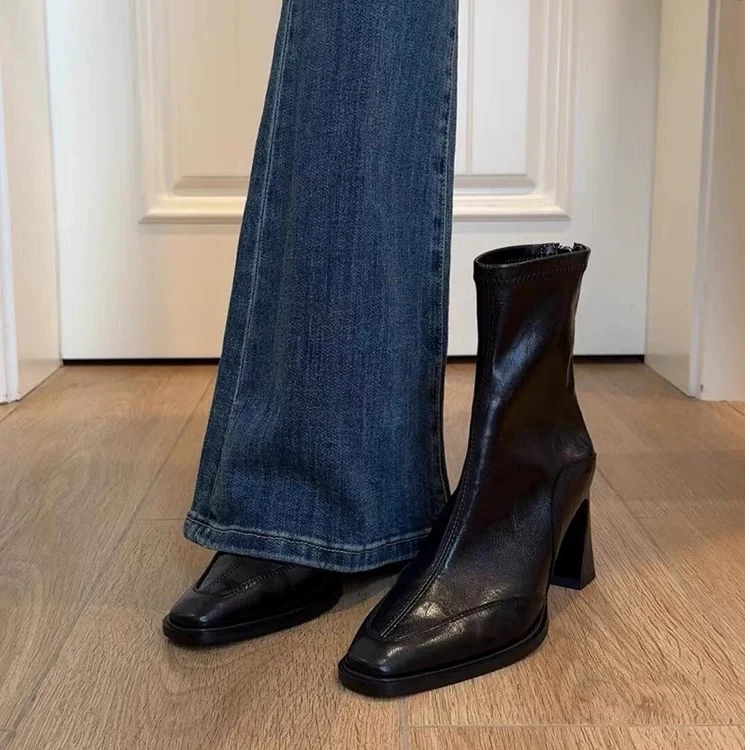 韩版高跟方头瘦瘦靴短靴女2025新款粗跟复古马丁靴英伦风短筒单靴