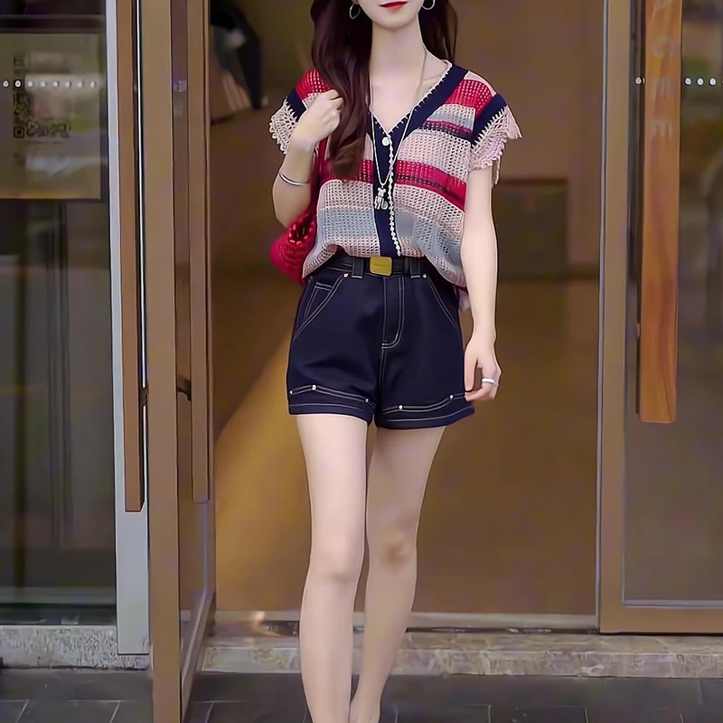 洋气休闲服慵懒风套装2025夏季减龄遮肚短袖上衣牛仔短裤两件套