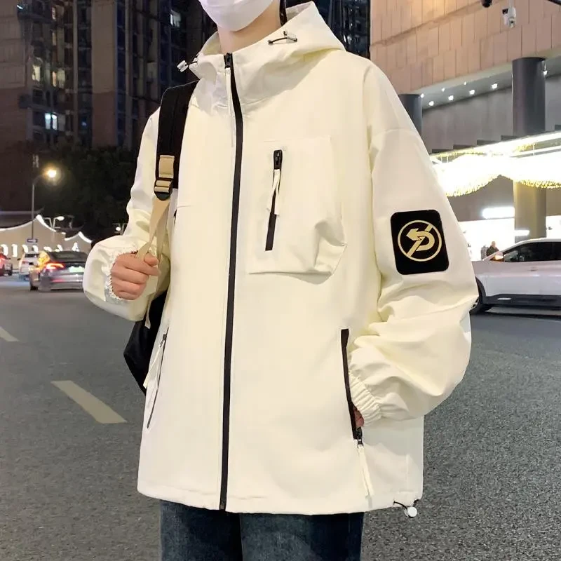 青少年工装外套男潮牌宽松帅气学生连帽夹克男生冲锋衣褂子上衣服