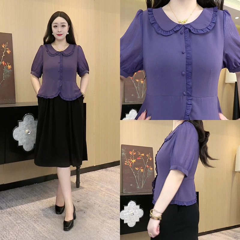 胖大盈定制大码连衣裙新款紫色假两件宽松连衣裙ZB5842