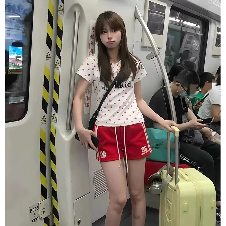 大码胖mm美式印花两条杠运动短裤女夏季新款辣妹宽松百搭休闲热裤