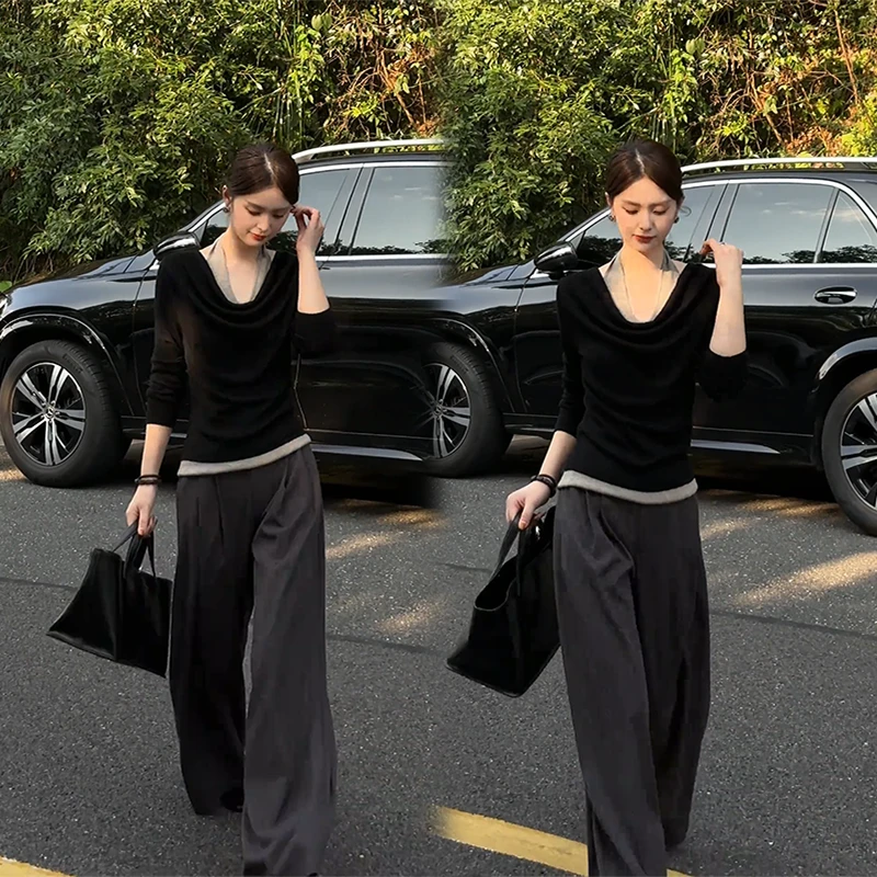 网红高级感韩版针织假两件挂脖上衣慵懒风显瘦休闲阔腿裤两件套女