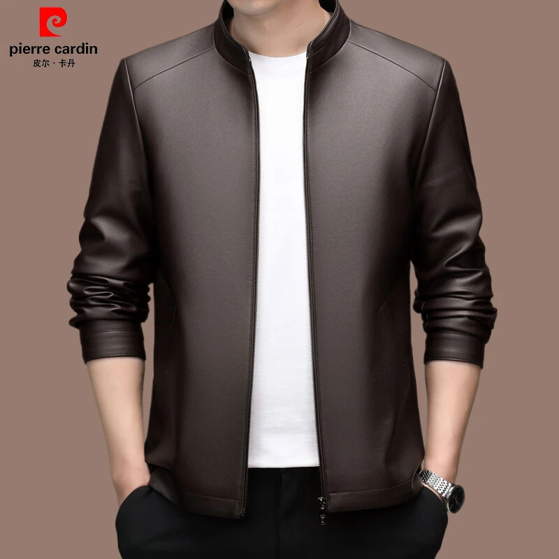 皮尔卡丹高档男士皮衣潮流中年立翻领休闲时尚皮夹克秋冬男装外套
