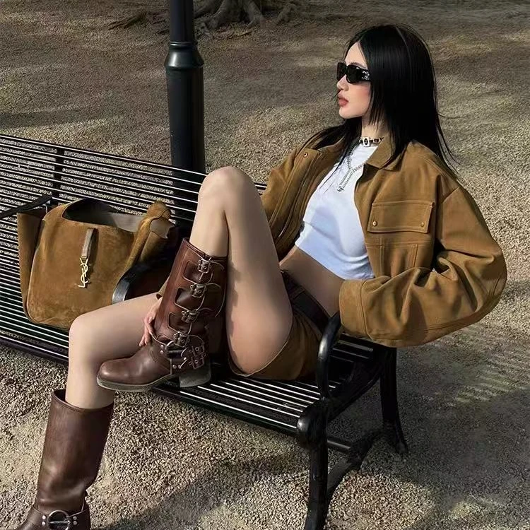 rovente迷失西部 美拉德棕色翻领夹克女复古百搭休闲宽松麂皮外套