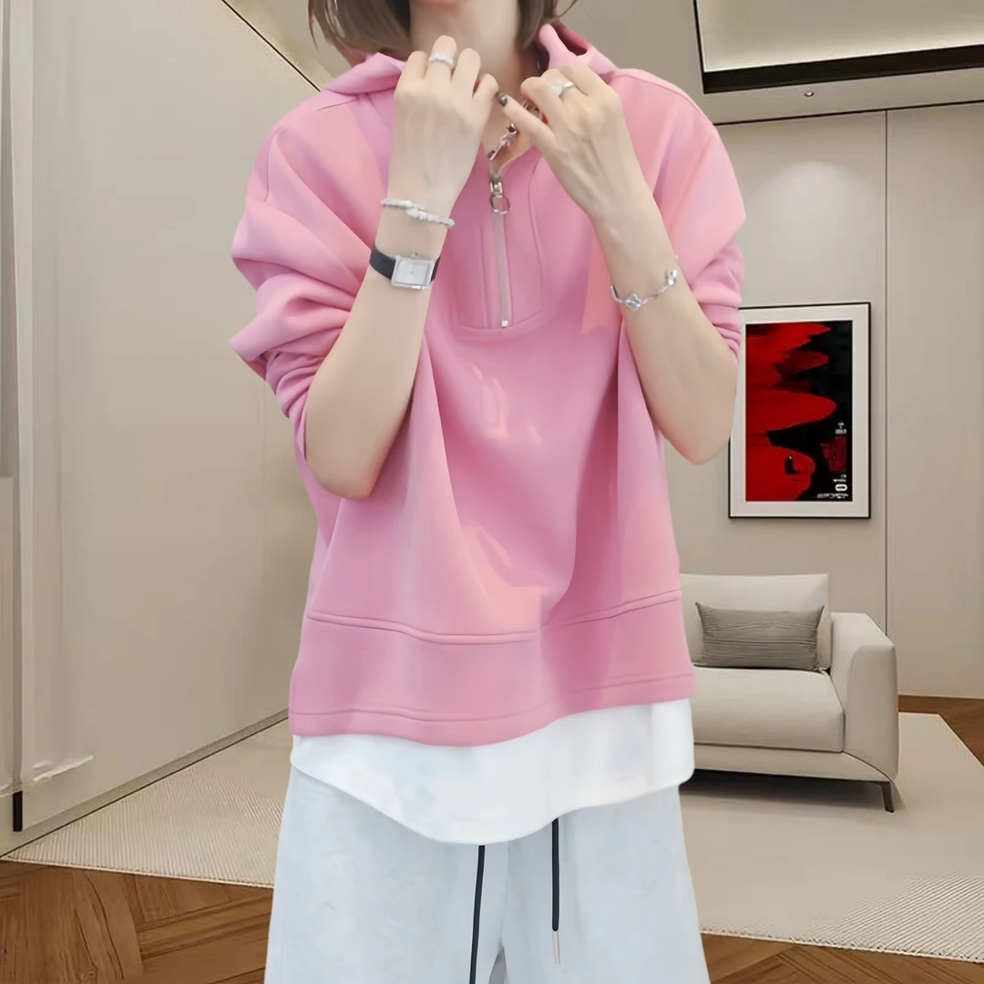 连帽假两件长袖卫衣外套女2025秋季时尚洋气宽松显瘦休闲百搭上衣