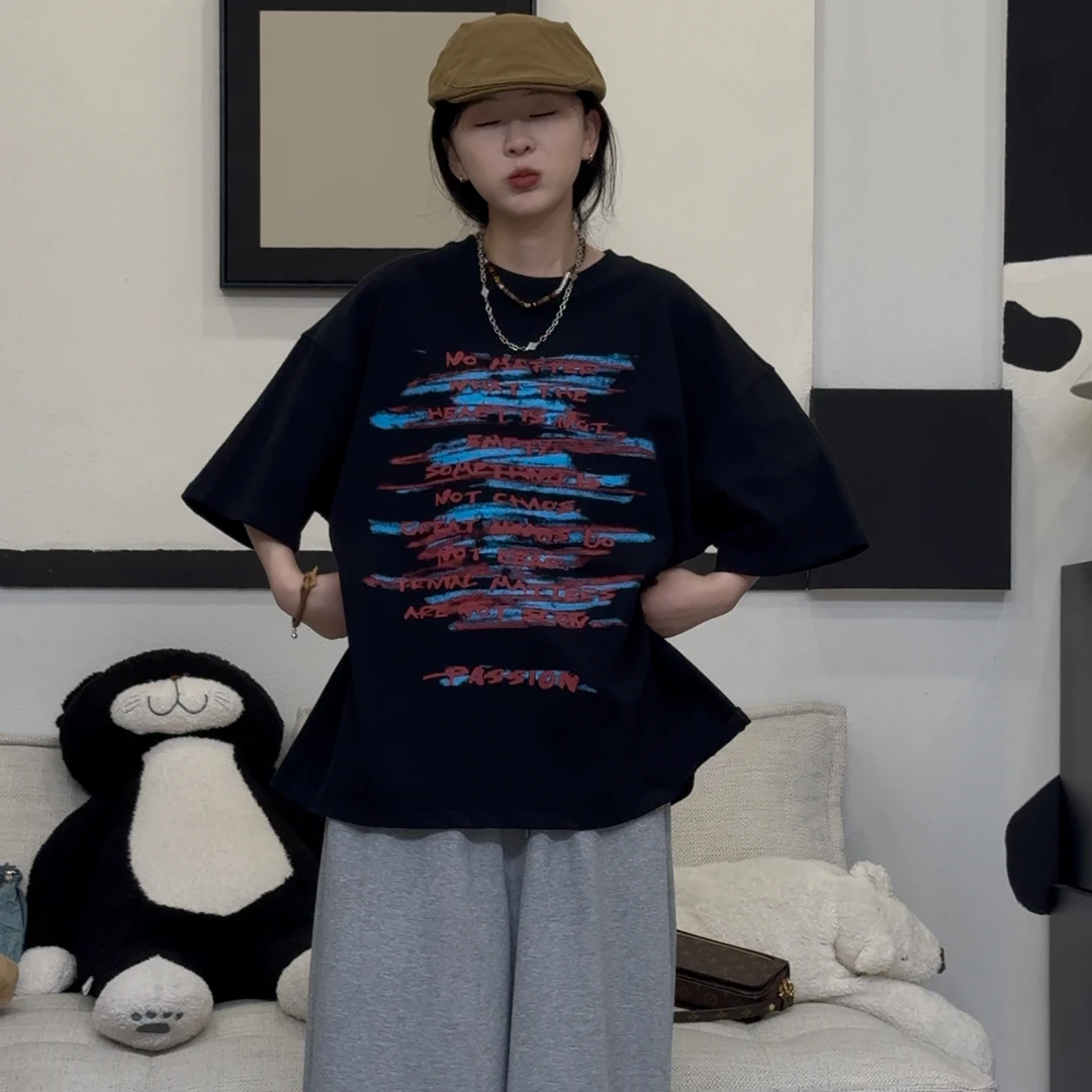 橘子罐头卫卫新款美式复古宽松ins设计感高街oversize情侣T恤