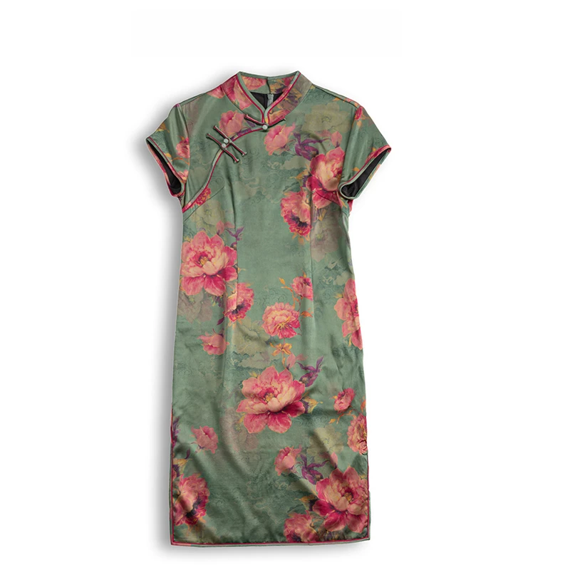 香云纱（清风碧影）重锻印花复古气质新中式立领旗袍-60184