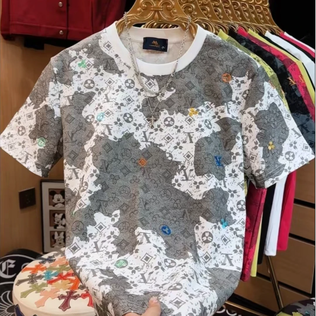 2025春夏新款时尚轻奢百搭重工刺绣T恤男士圆领