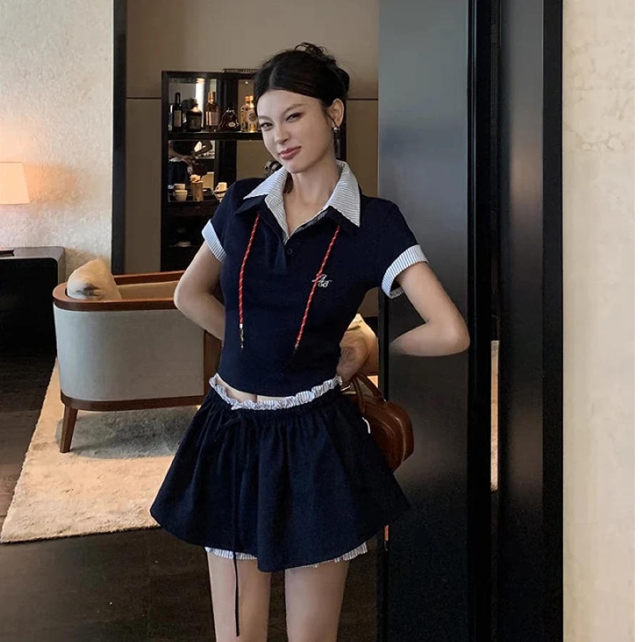 A037-【miu系学院】纯欲风美式学院polo衫气质减龄撞色套装