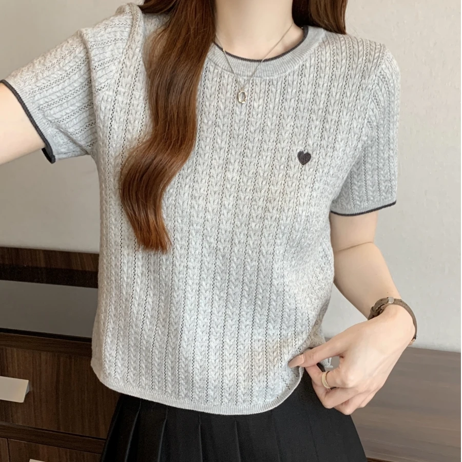撞色正肩针织短袖t恤女2025夏季爱心刺绣设计感短款独特小衫上衣