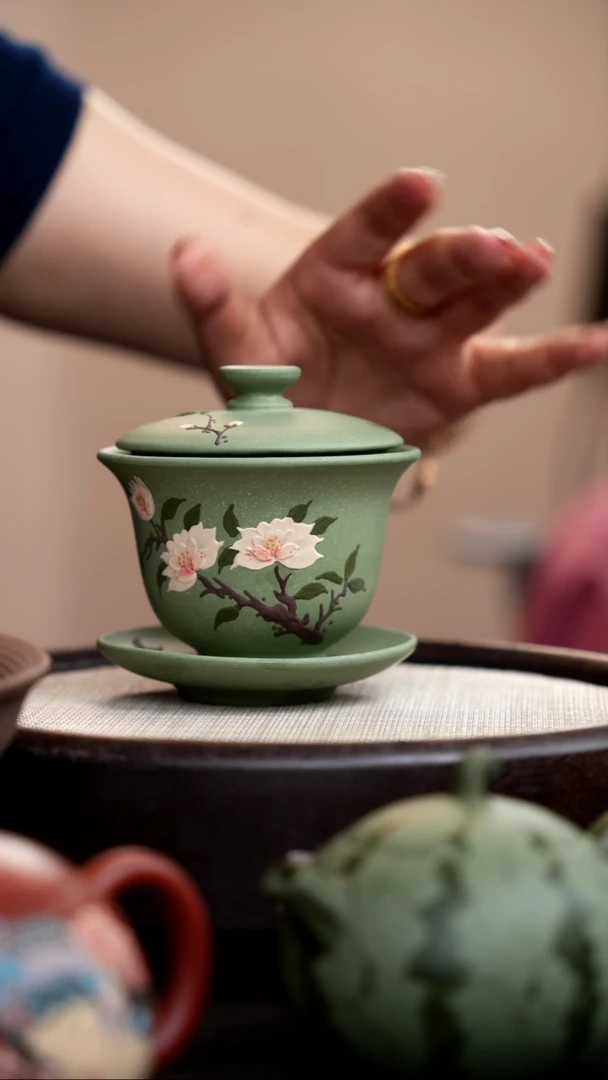 茶壶紫砂豆青砂三才盖碗泥绘三花