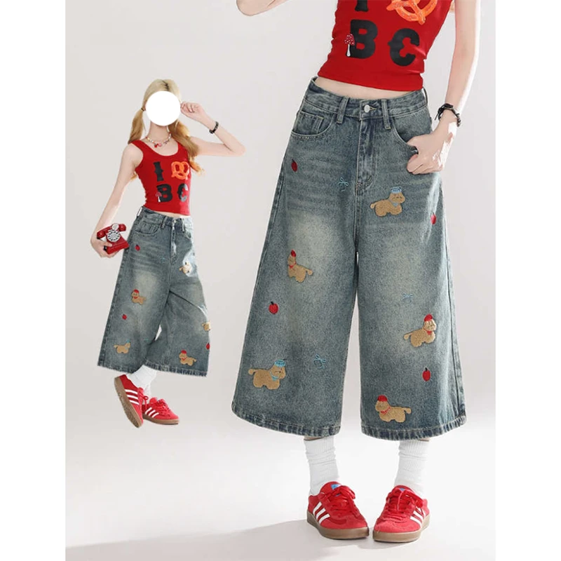 美式复古水洗趣味小狗牛仔短裤女2025夏季新款辣妹显瘦宽松七分裤