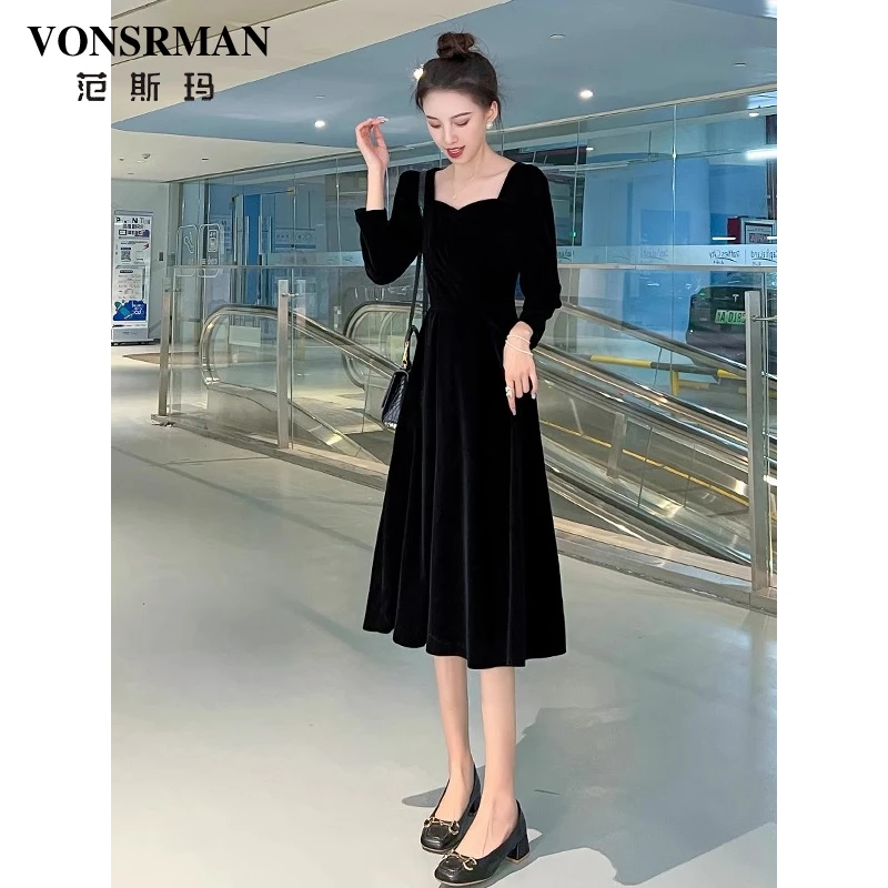 赫本风长袖丝绒连衣裙女秋季新款2025年法式收腰显瘦小个子中长裙