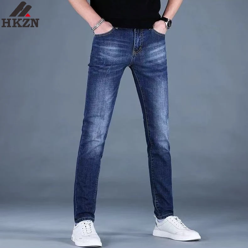 HKZN高端牛仔裤男款2025夏季新款修身小脚男士轻奢蓝色潮流长裤子